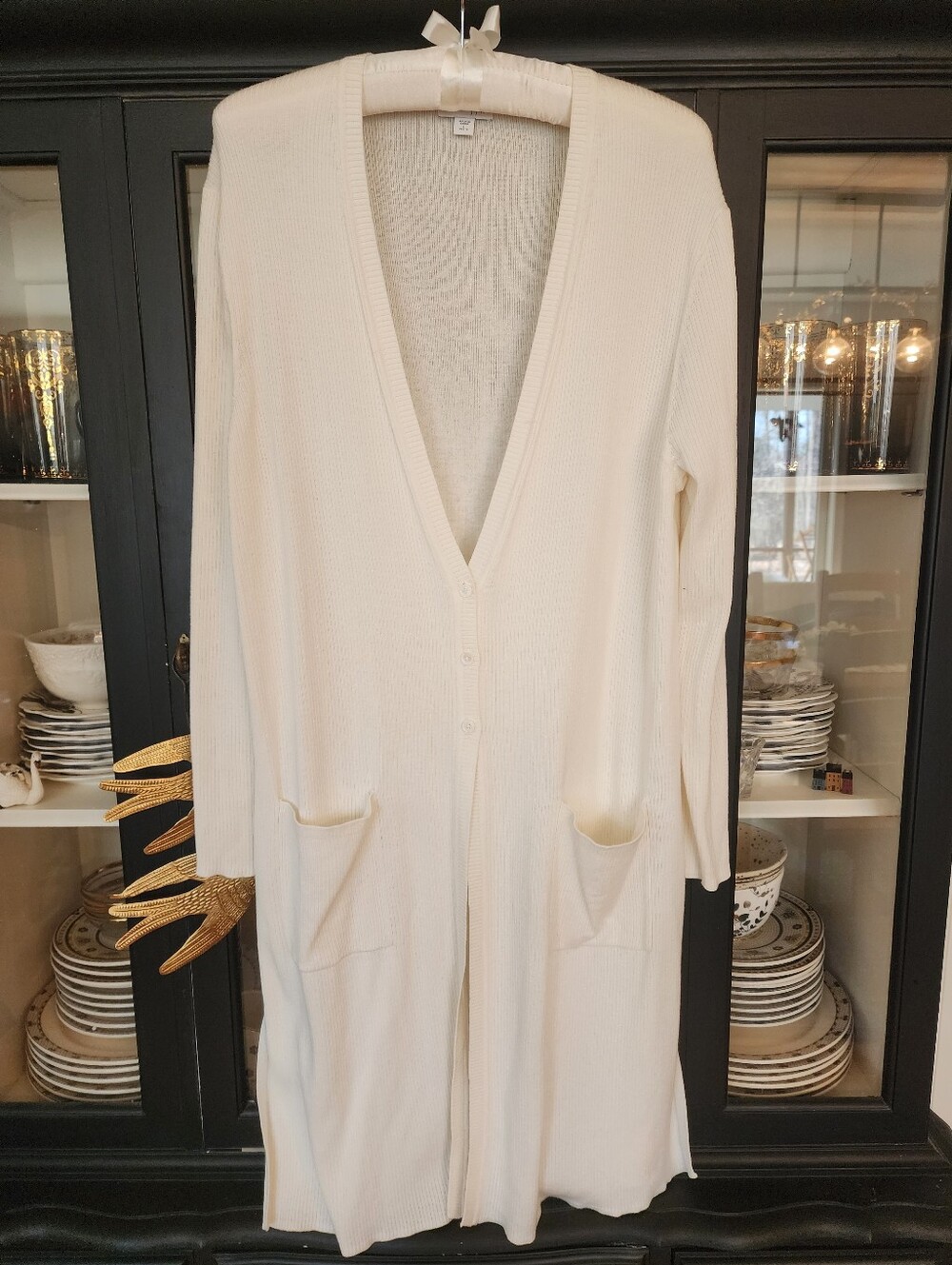 J. Jill Long Cream Button-Front Ribbed Cardigan
